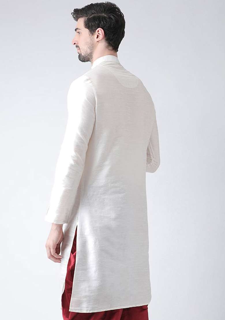 Cream Solid Art Silk Blend Indo Western Sherwani Set For Men - Indya