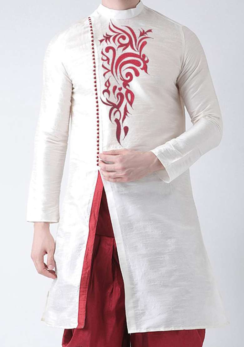 Cream Solid Art Silk Blend Indo Western Sherwani Set For Men - Indya