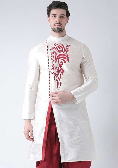 Cream Solid Art Silk Blend Indo Western Sherwani Set For Men