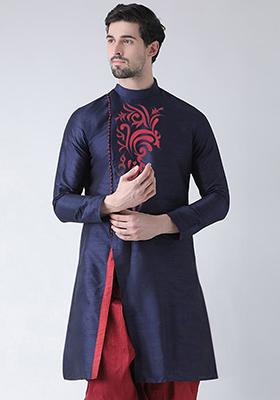 Navy Blue Solid Art Silk Indo Western Sherwani Set For Men