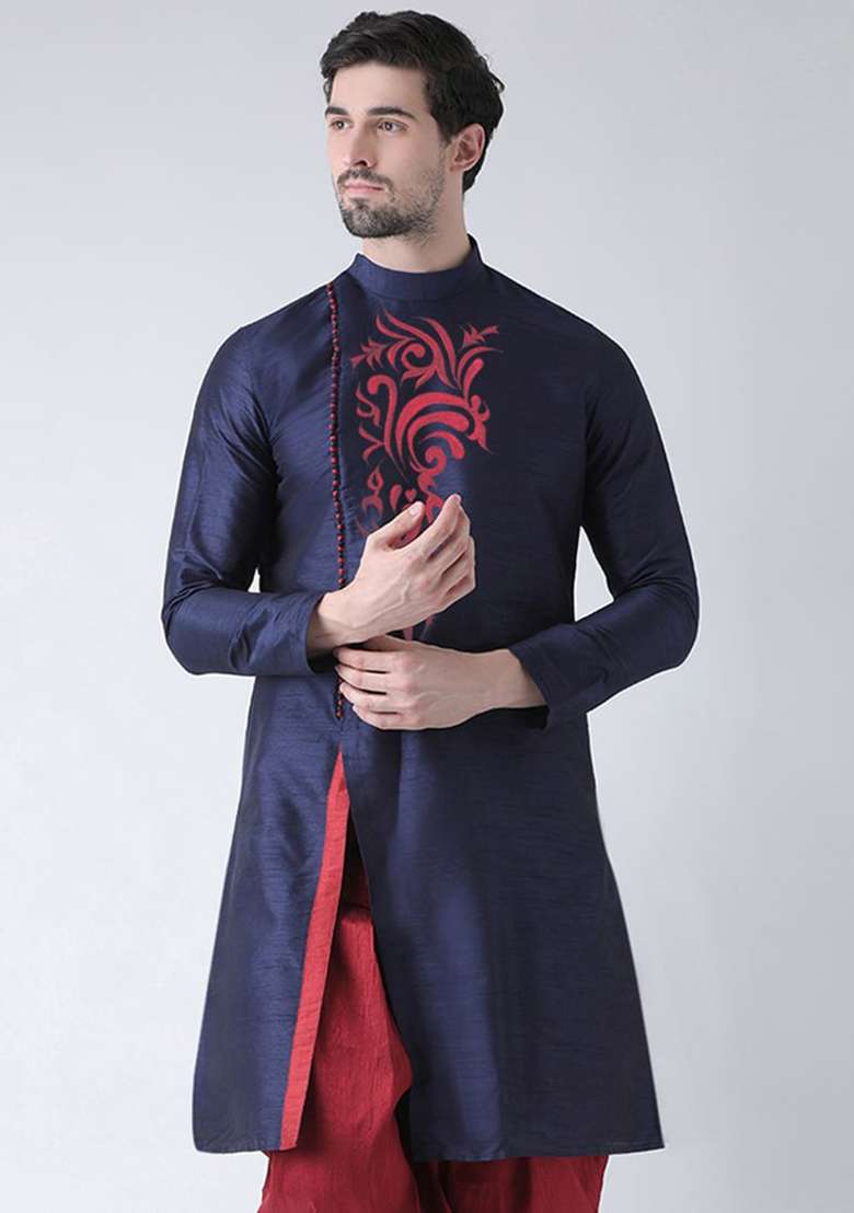 Navy Blue Solid Art Silk Blend Indo Western Sherwani Set For Men - Indya