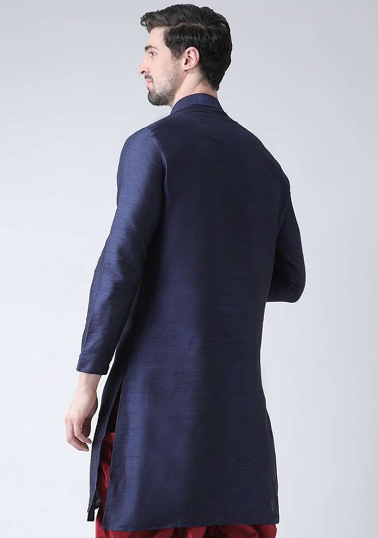 Navy Blue Solid Art Silk Blend Indo Western Sherwani Set For Men - Indya