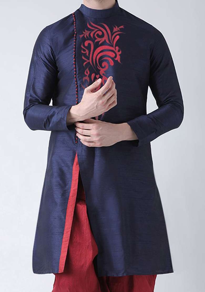 Navy Blue Solid Art Silk Blend Indo Western Sherwani Set For Men - Indya