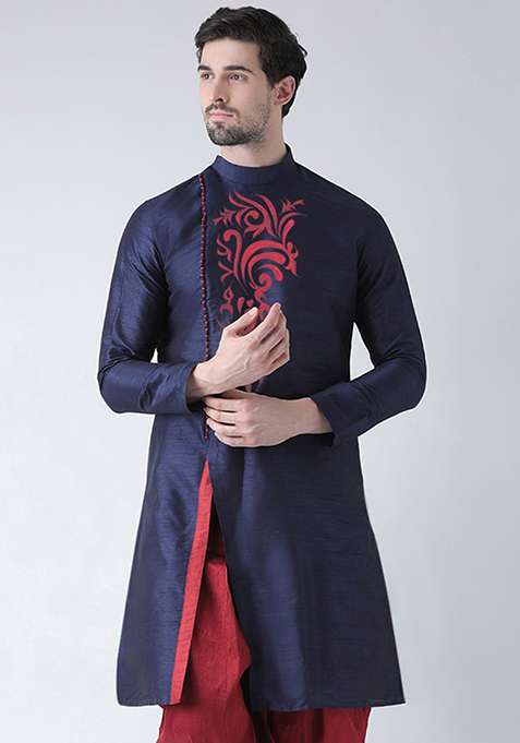 Navy Blue Solid Art Silk Blend Indo Western Sherwani Set For Men