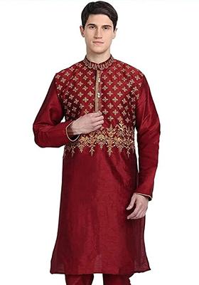 Maroon Solid Art Silk Kurta Set For Men