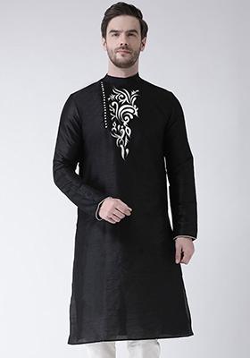 Black Solid Art Silk Kurta Set For Men
