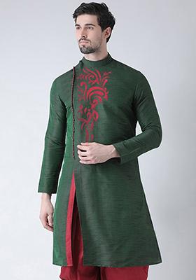 Green Solid Art Silk Indo Western Sherwani Set For Men