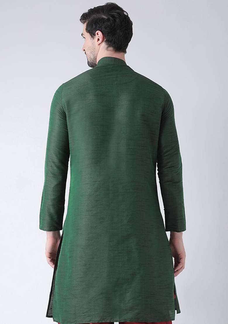 Green Solid Art Silk Blend Indo Western Sherwani Set For Men - Indya