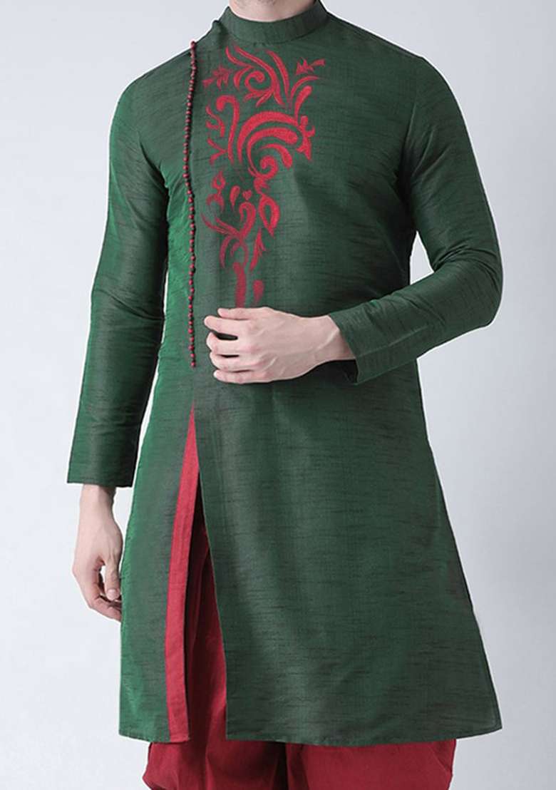 Green Solid Art Silk Blend Indo Western Sherwani Set For Men - Indya