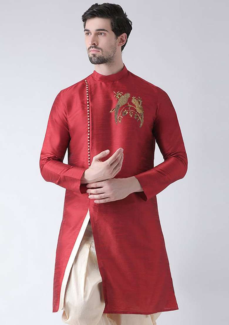Maroon Solid Art Silk Blend Indo Western Sherwani Set For Men - Indya