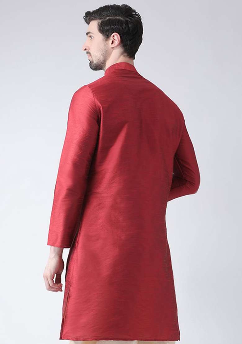 Maroon Solid Art Silk Blend Indo Western Sherwani Set For Men - Indya