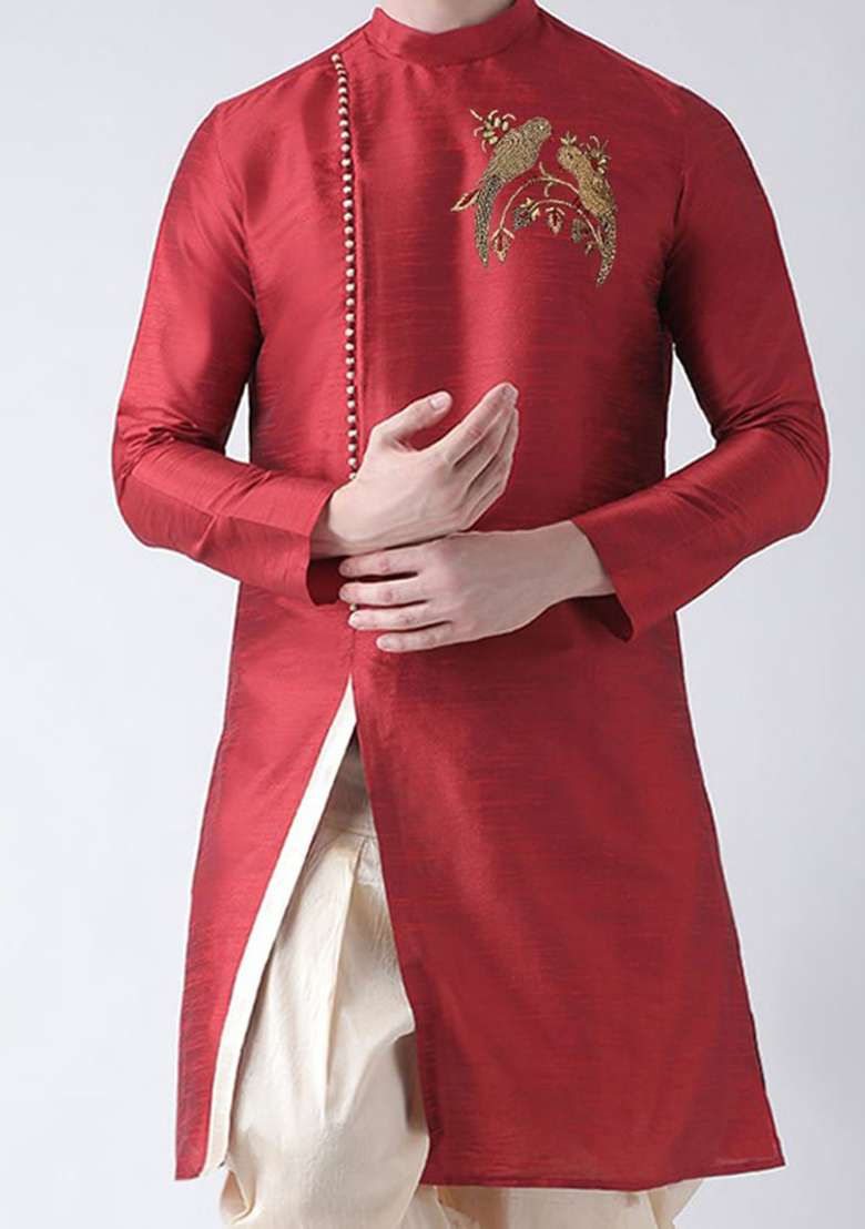 Maroon Solid Art Silk Blend Indo Western Sherwani Set For Men - Indya