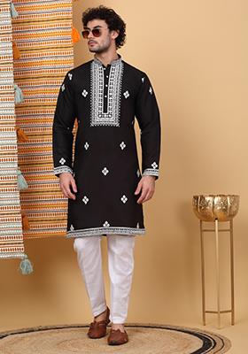 Black Embroidered Cotton Silk Kurta For Men