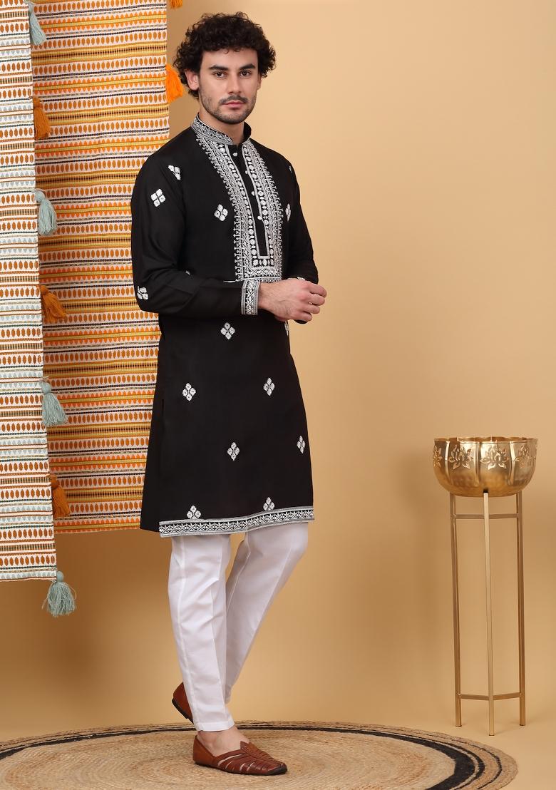 Black Embroidered Cotton Silk Kurta For Men