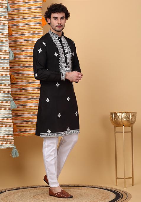 Black Embroidered Cotton Silk Kurta For Men