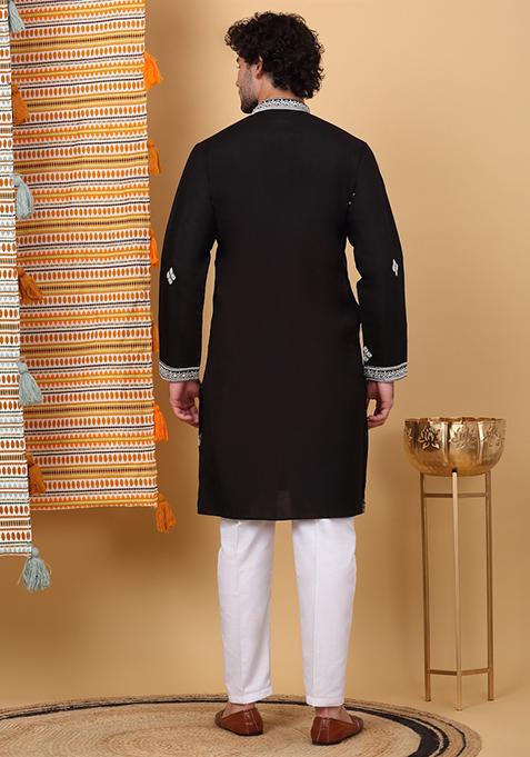 Black Embroidered Cotton Silk Kurta For Men