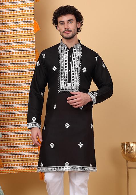 Black Embroidered Cotton Silk Kurta For Men