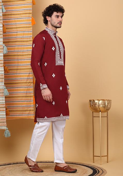 Maroon Embroidered Cotton Silk Kurta For Men