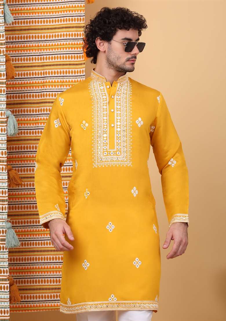 Mustard Yellow Embroidered Cotton Silk Blend Kurta For Men - Indya