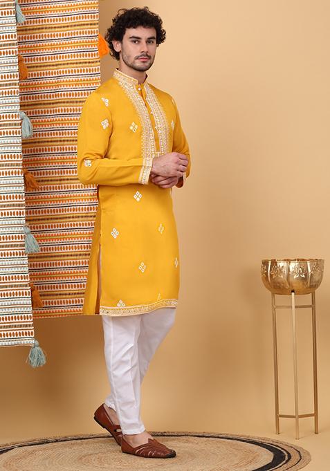 Mustard Yellow Embroidered Cotton Silk Kurta For Men
