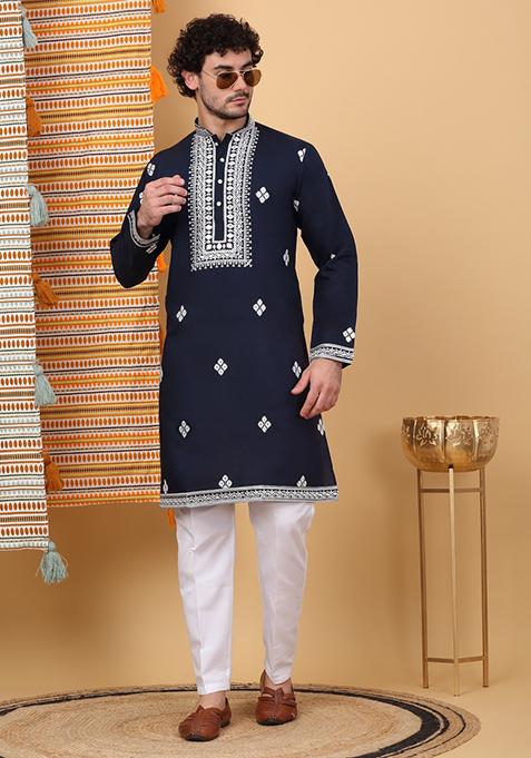Black Embroidered Cotton Silk Kurta For Men