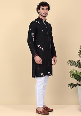 Black Embroidered Linen Kurta For Men