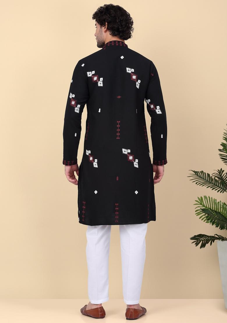 Black Embroidered Linen Kurta For Men