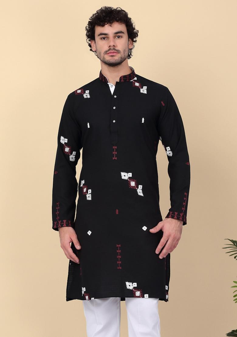 Black Embroidered Linen Kurta For Men - Indya