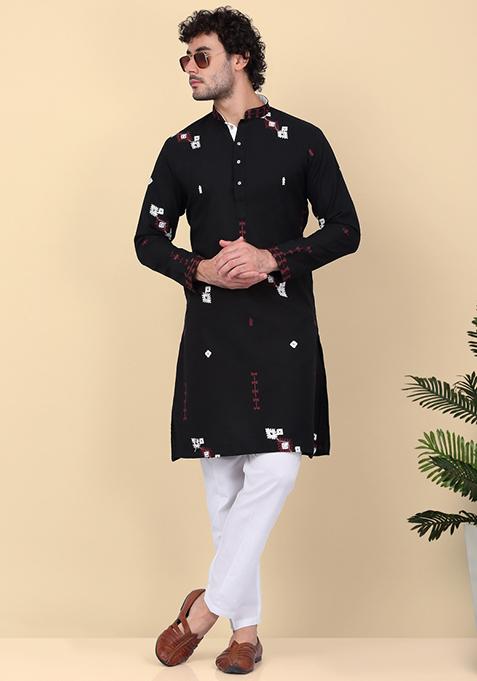 Black Embroidered Linen Kurta For Men
