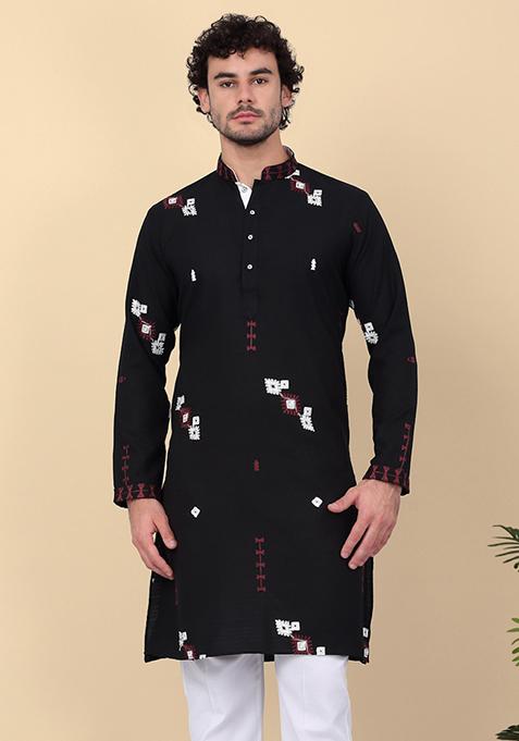 Black Embroidered Linen Kurta For Men