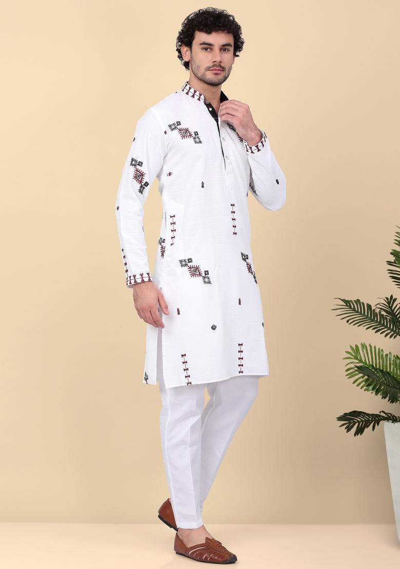 White Embroidered Linen Kurta For Men