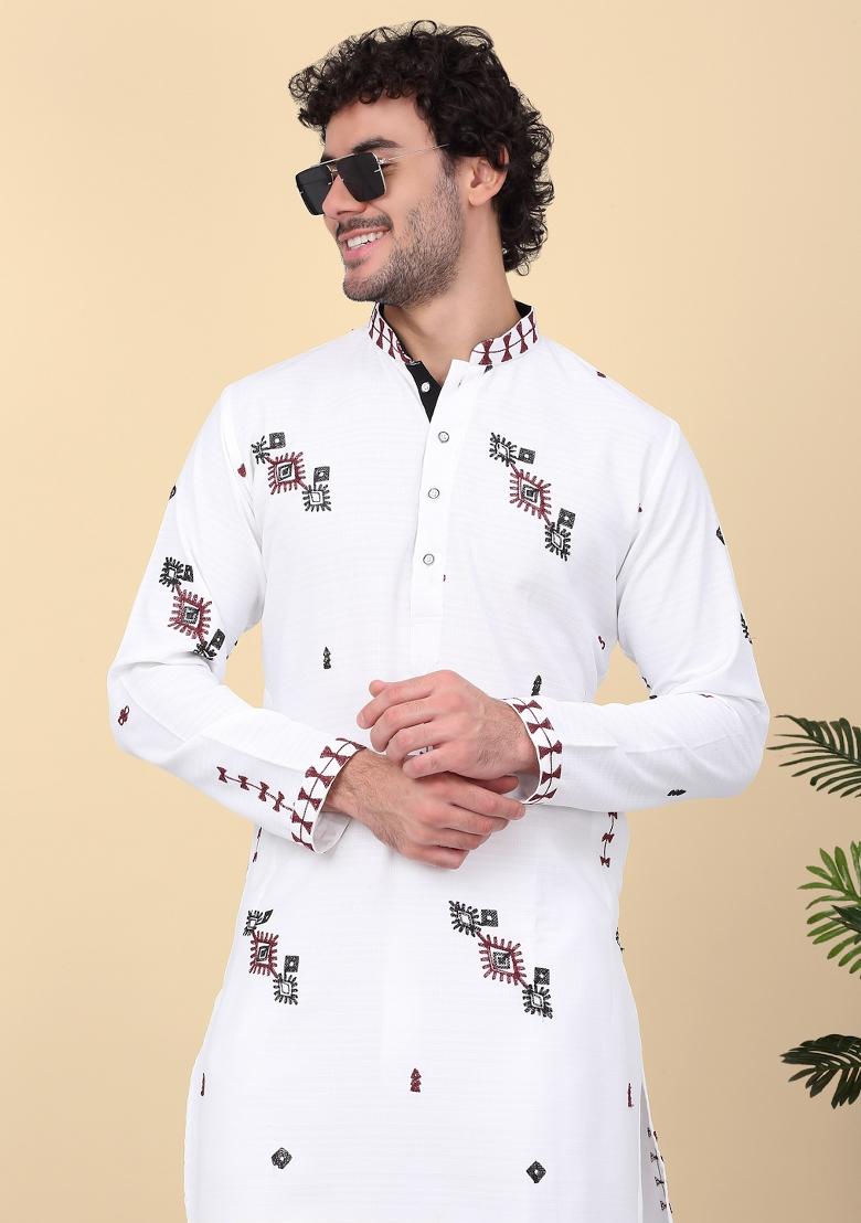White Embroidered Linen Kurta For Men
