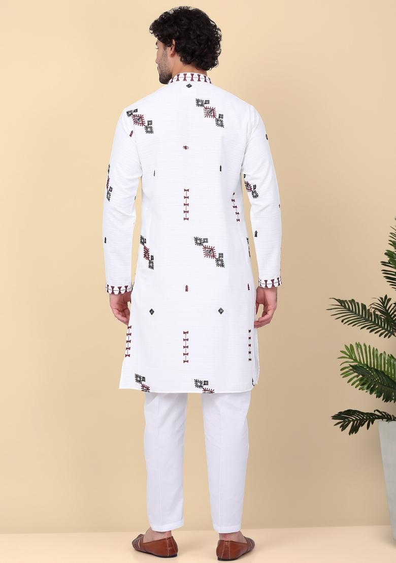 White Embroidered Linen Kurta For Men