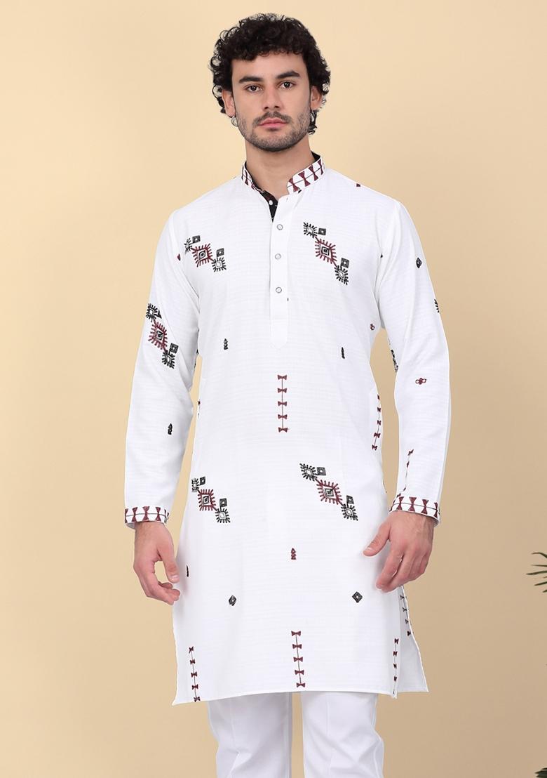 White Embroidered Linen Kurta For Men