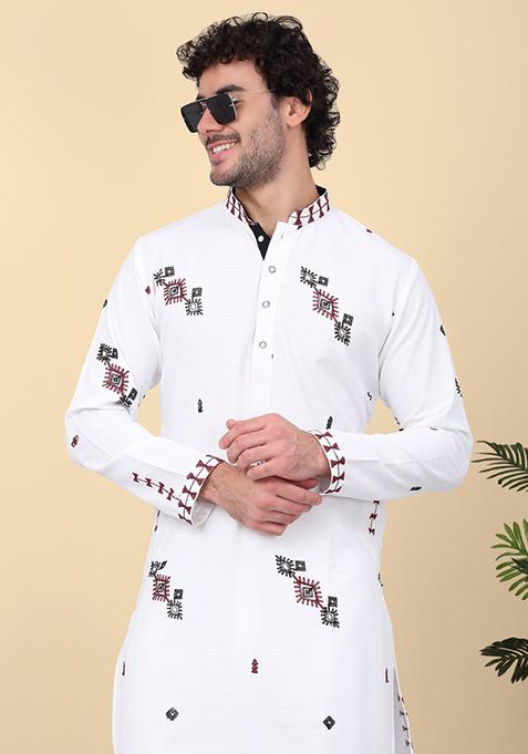 White Embroidered Linen Kurta For Men