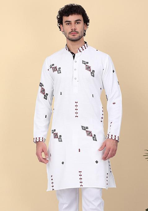 White Embroidered Linen Kurta For Men