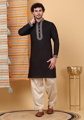 Black Yoke Design Cotton Silk Kurta For Men