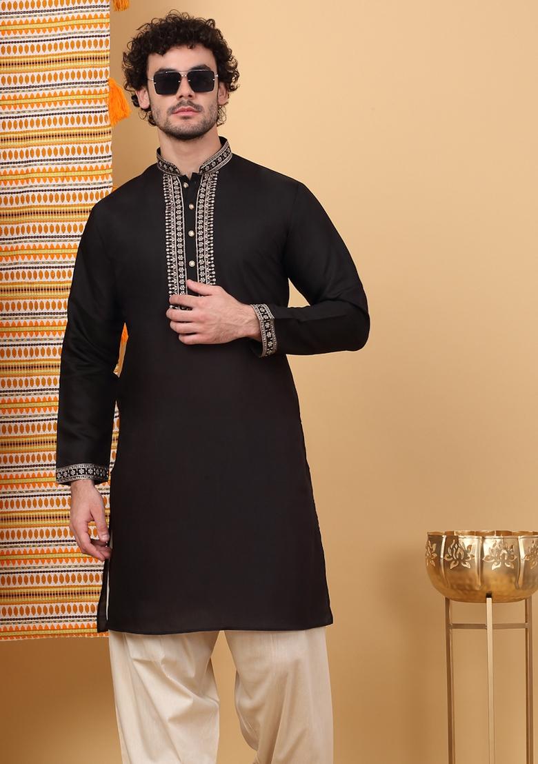 Black Yoke Design Cotton Silk Kurta For Men - Indya