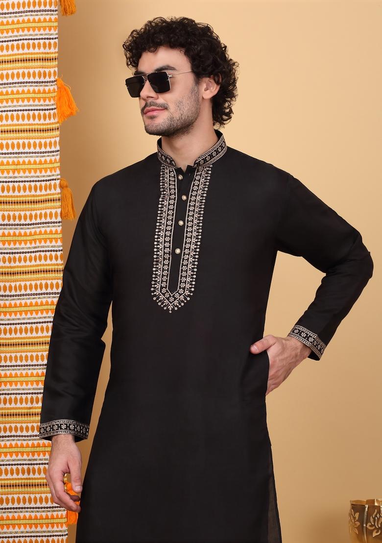 Black Yoke Design Cotton Silk Kurta For Men - Indya