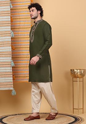 Mehendi Green Yoke Design Cotton Silk Kurta For Men