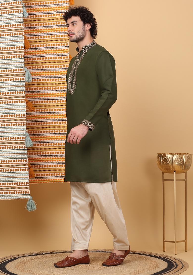 Mehendi Green Yoke Design Cotton Silk Kurta For Men