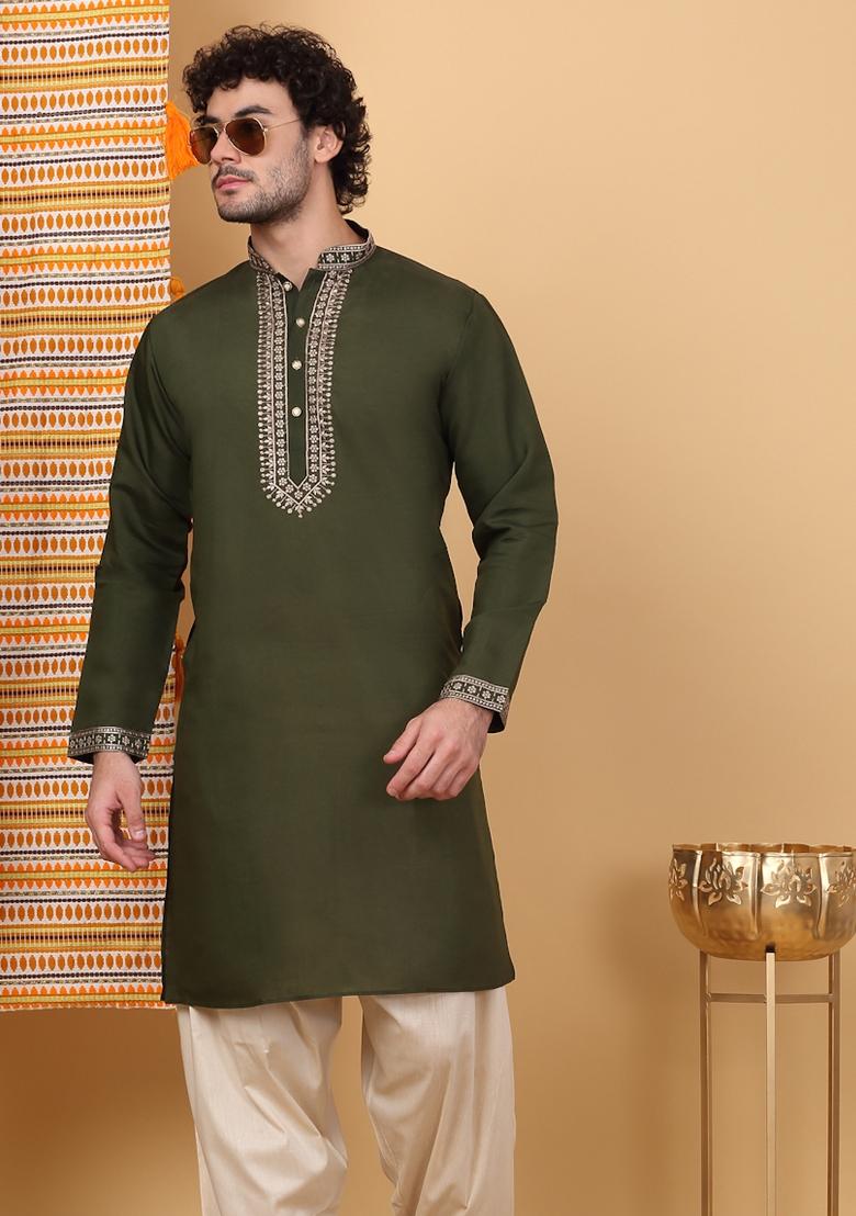 Mehendi Green Yoke Design Cotton Silk Kurta For Men