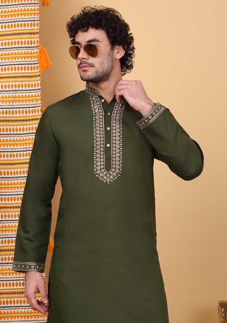 Mehendi Green Yoke Design Cotton Silk Kurta For Men