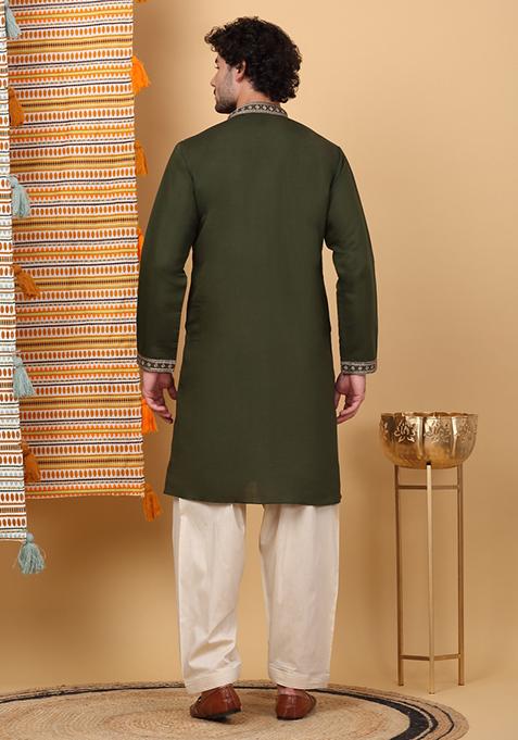 Mehendi Green Yoke Design Cotton Silk Kurta For Men