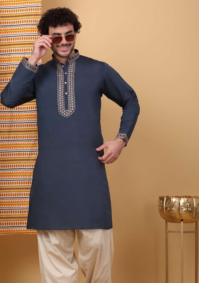 Blue Yoke Design Cotton Silk Blend Kurta For Men - Indya