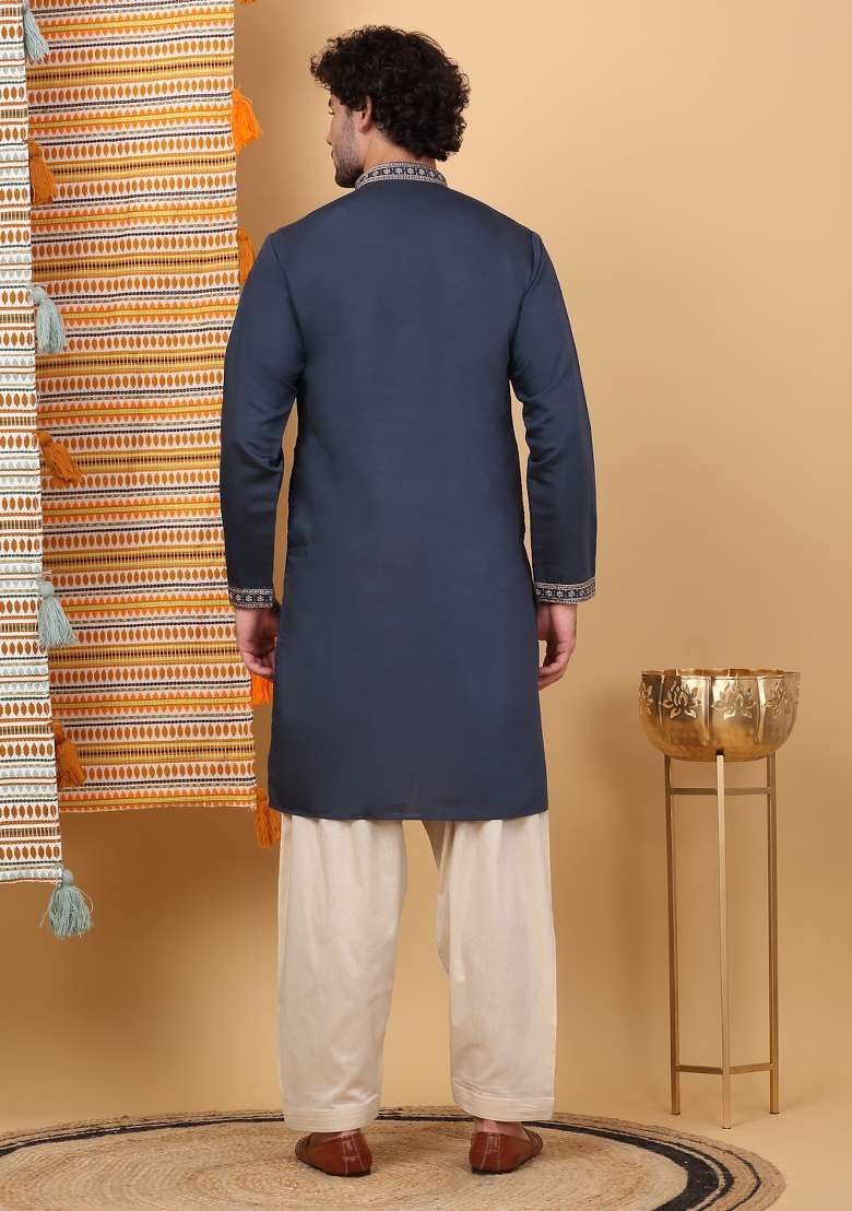 Blue Yoke Design Cotton Silk Blend Kurta For Men - Indya
