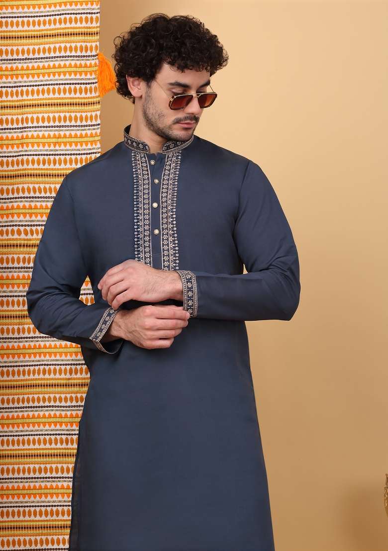 Blue Yoke Design Cotton Silk Blend Kurta For Men - Indya