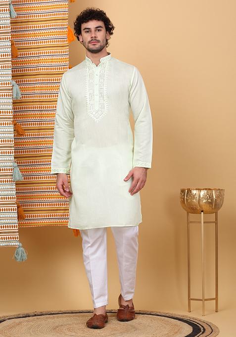 Green Yoke Design Cotton Silk Kurta For Men