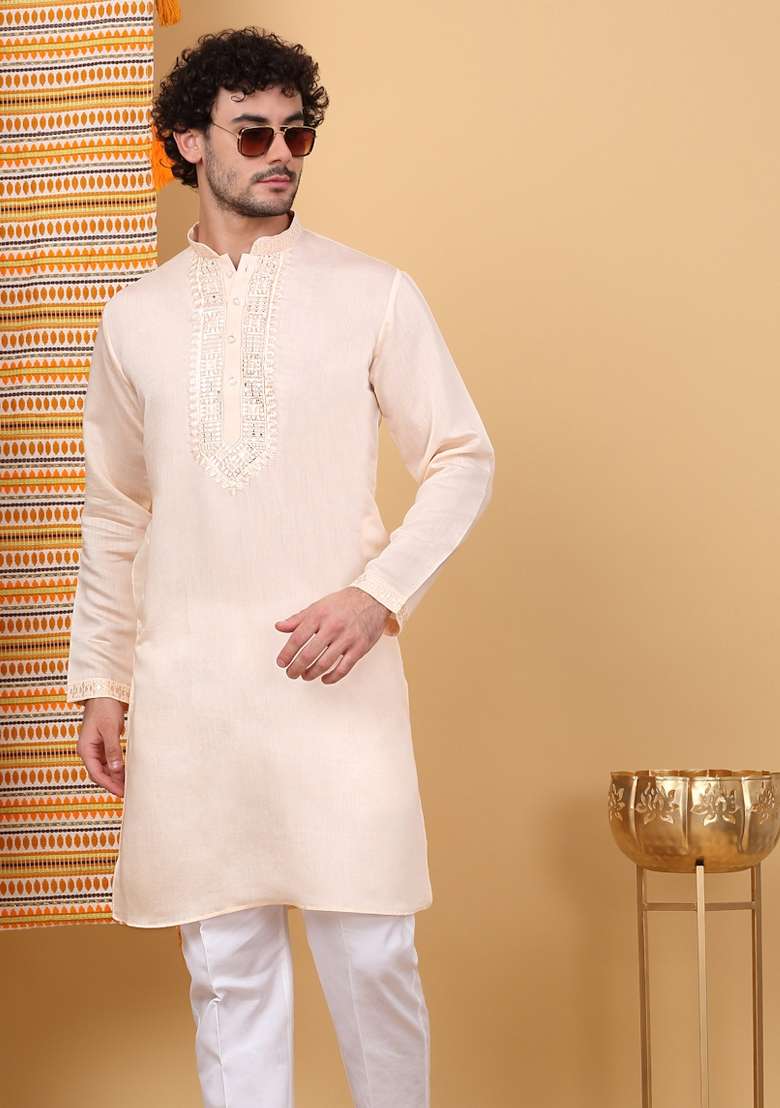 Peach Yoke Design Cotton Silk Kurta For Men - Indya