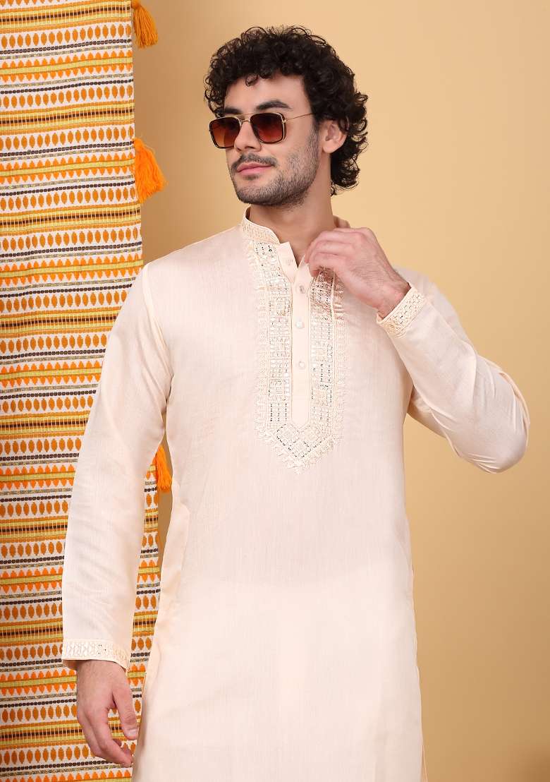 Peach Yoke Design Cotton Silk Kurta For Men - Indya